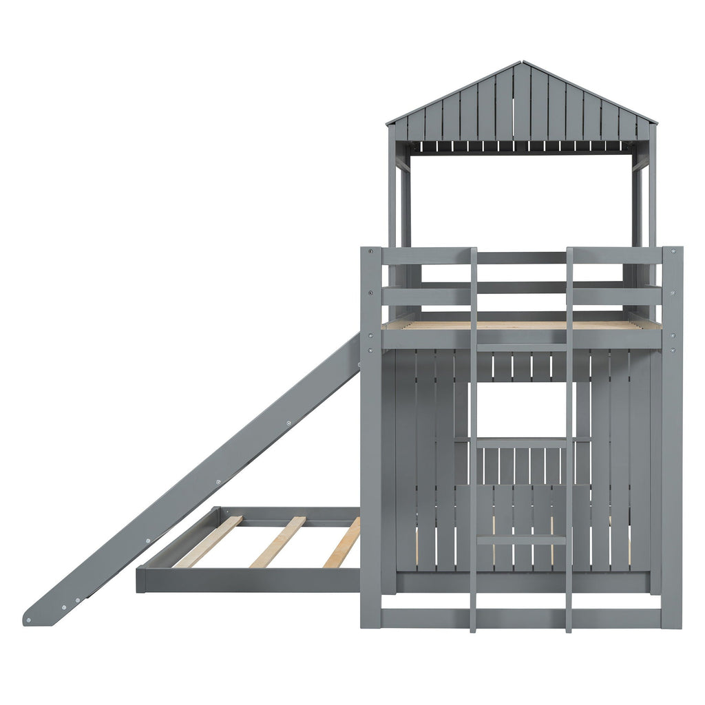 Loft Bunk Bed With Playhouse, Slide, and Guardrails - Twin Over Full