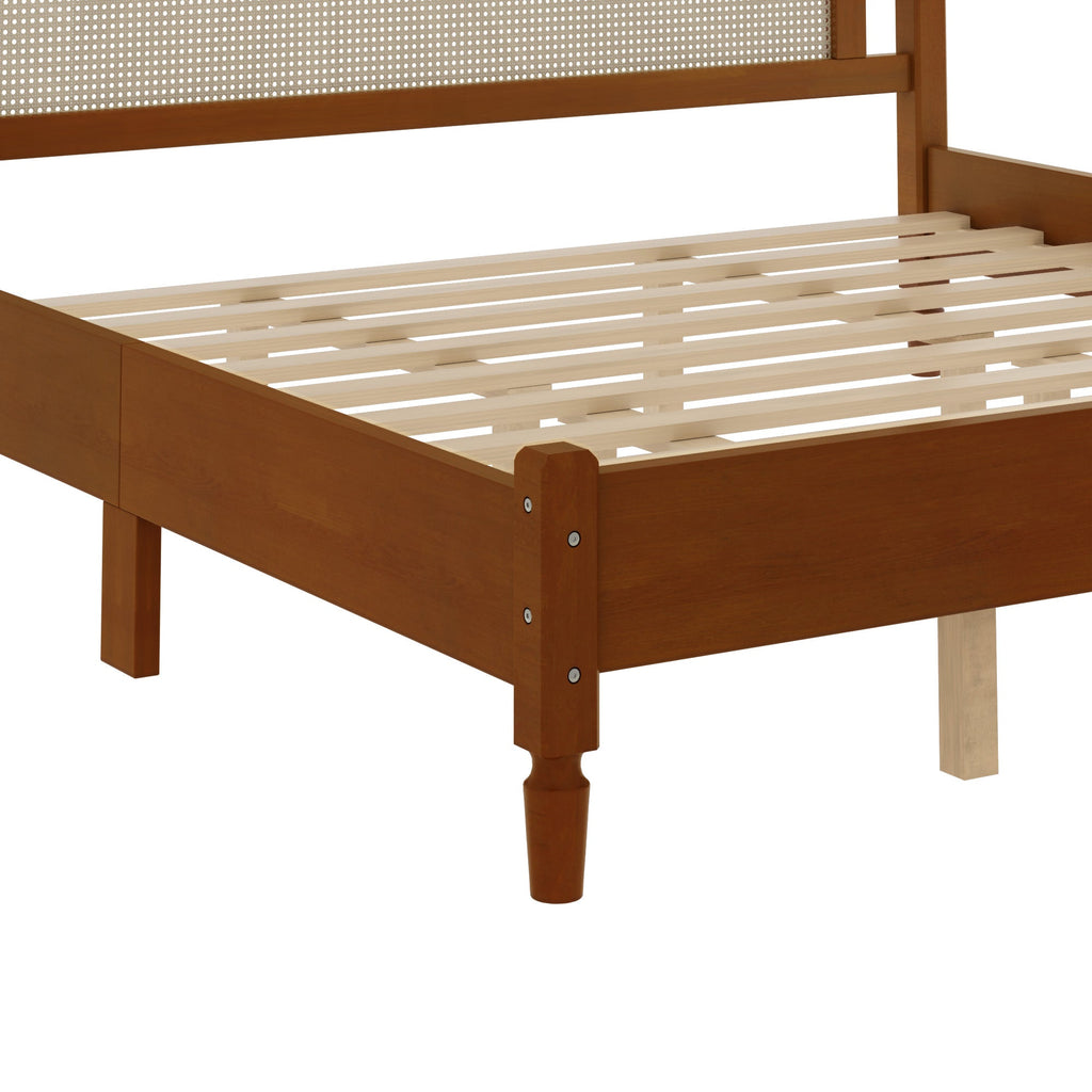 King Size Wooden Platform Bed with Rattan Headboard - Natural Wood
