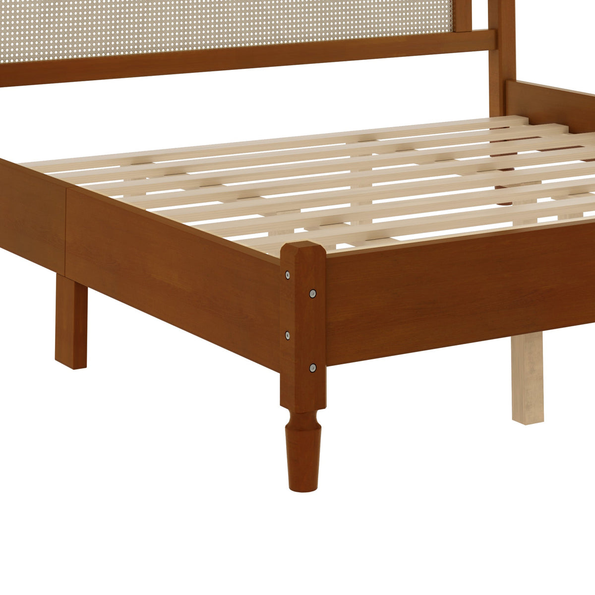 King Size Wooden Platform Bed with Rattan Headboard - Natural Wood