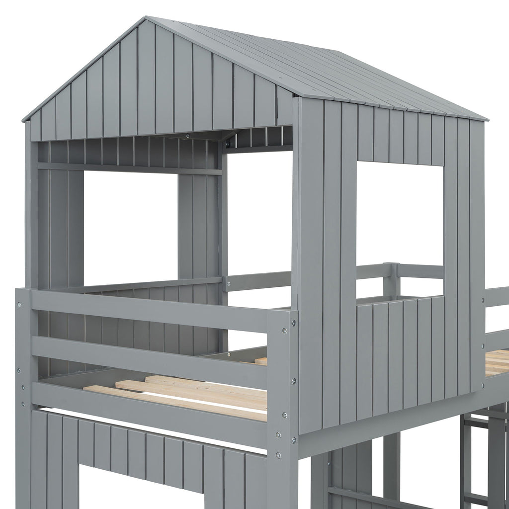 Loft Bunk Bed With Playhouse, Slide, and Guardrails - Twin Over Full