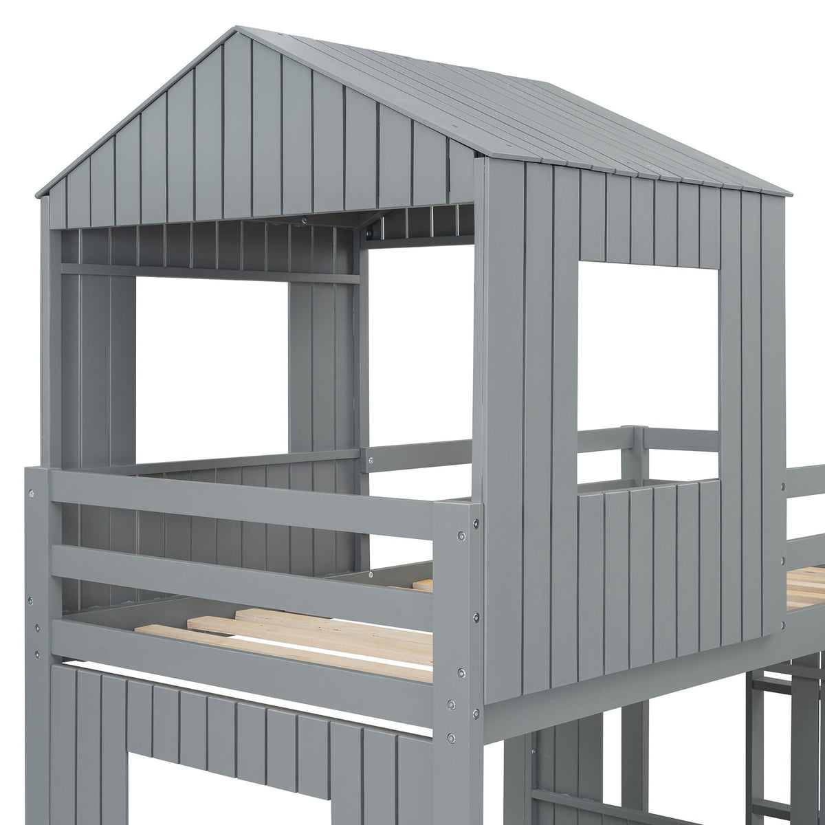 Loft Bunk Bed With Playhouse, Slide, and Guardrails - Twin Over Full