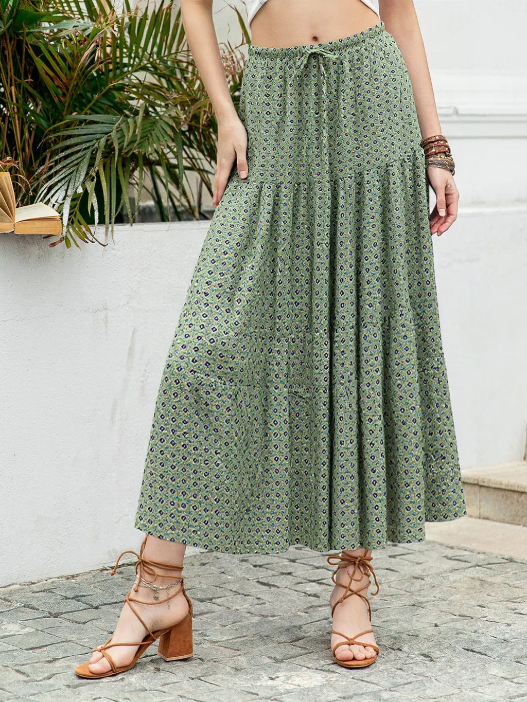 Boho Print Tiered Maxi Skirt