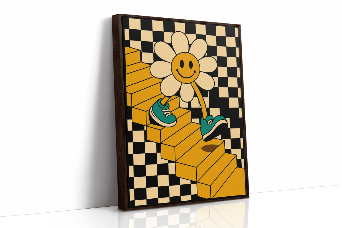 Groovy Daisy Vibes – Retro Checkerboard Flower Print