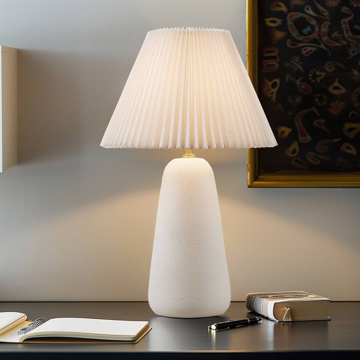 Textured Ceramic Table Lamp with Fluted Fabric Shade - White