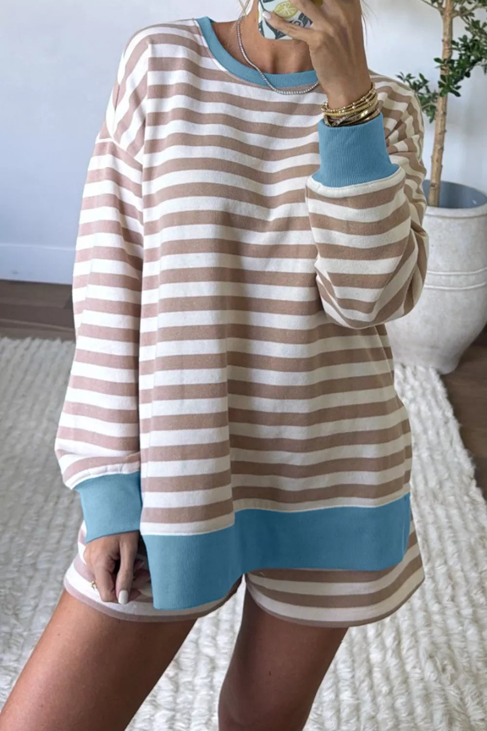 Stripe Color Oversized Top and Shorts Set