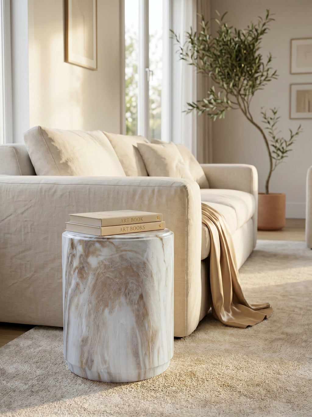 Marble-Look Stool Accent Table with Swirling Stone Finish - Beige, Green, or Black