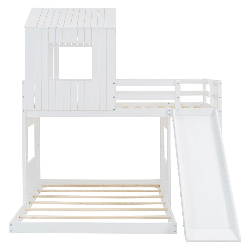 Loft Bunk Bed With Playhouse, Slide, and Guardrails - Twin Over Full