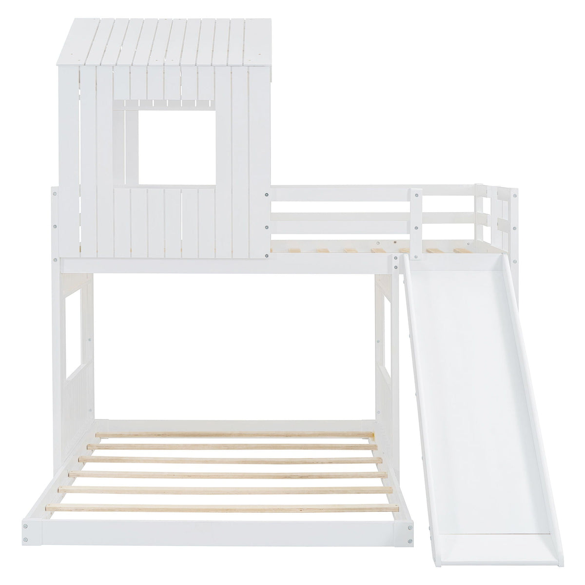 Loft Bunk Bed With Playhouse, Slide, and Guardrails - Twin Over Full
