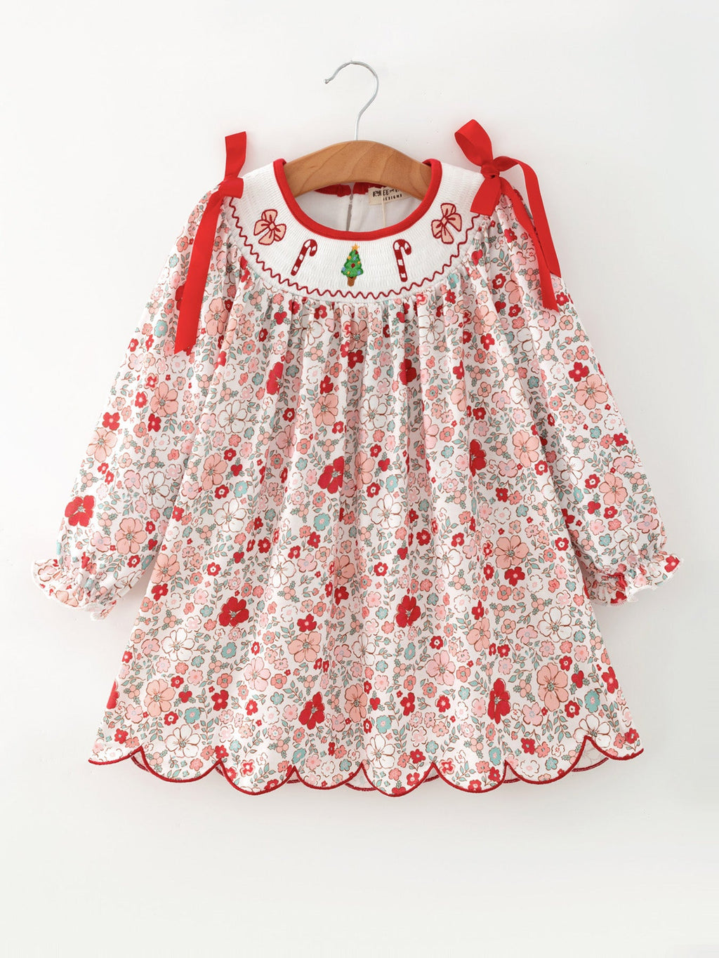 Christmas Red Candy Cane Bow Embroidery Dress
