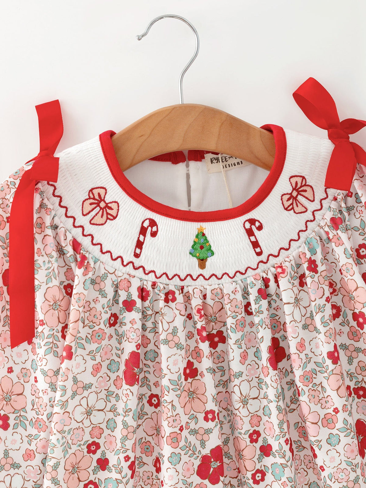 Christmas Red Candy Cane Bow Embroidery Dress