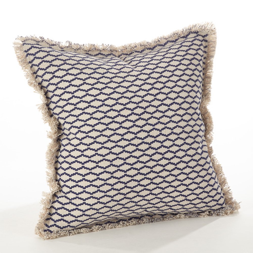 Fennco Styles Canberra Collection Fringed Morocan Design Cotton Down Filled Cotton Throw Pillow 20" W x 20" L - Navyy Blue Accent Pillow for Couch, Bedroom, Living Room and Office Decor