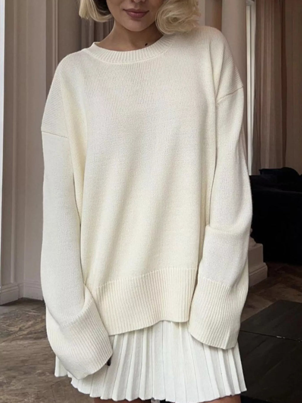 Round Neck Top and Pleated Skirt Sweater Set