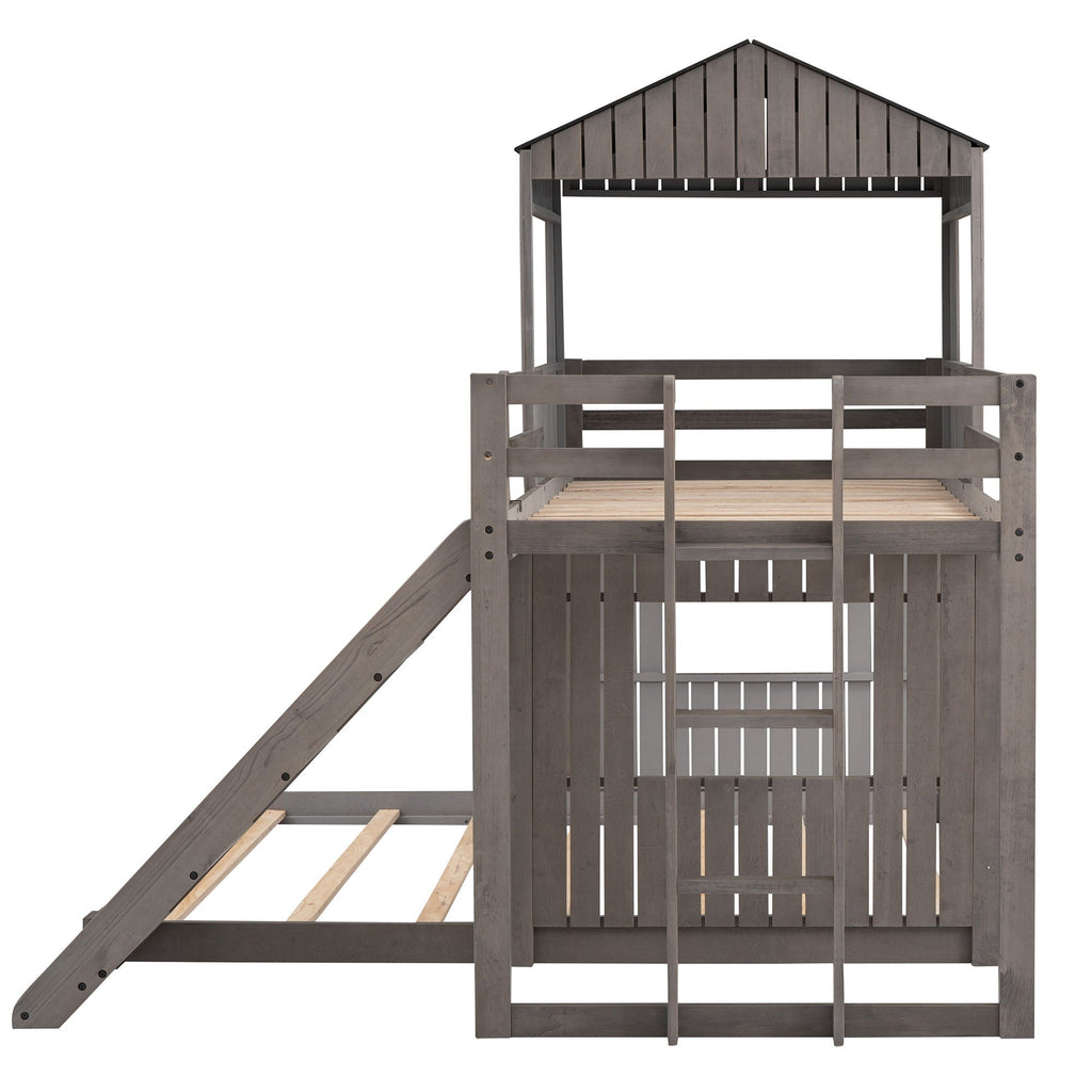 Loft Bunk Bed With Playhouse, Slide, and Guardrails - Twin Over Full