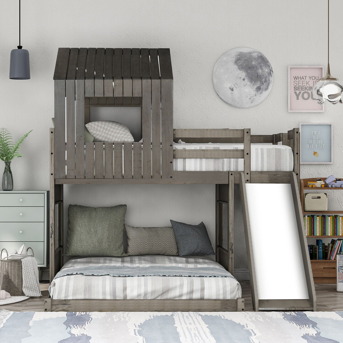 Loft Bunk Bed With Playhouse, Slide, and Guardrails - Twin Over Full