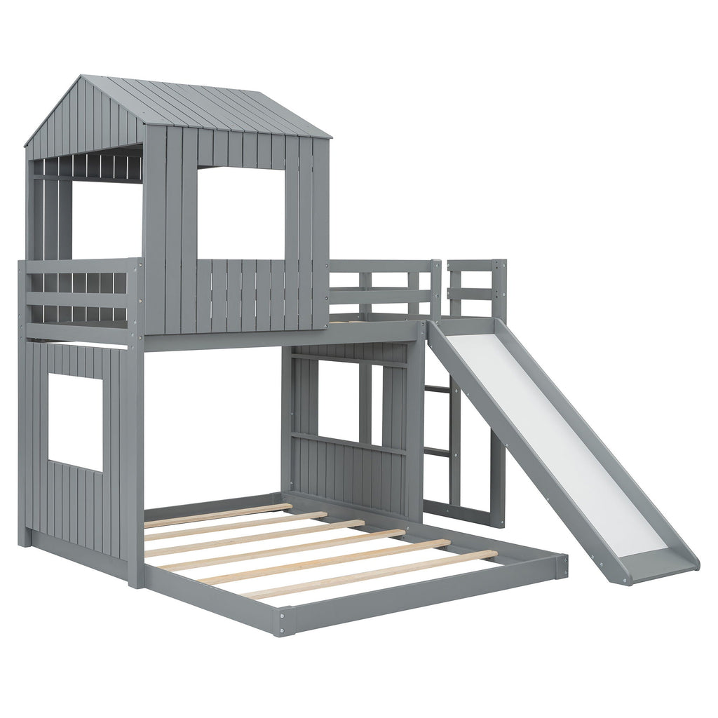 Loft Bunk Bed With Playhouse, Slide, and Guardrails - Twin Over Full