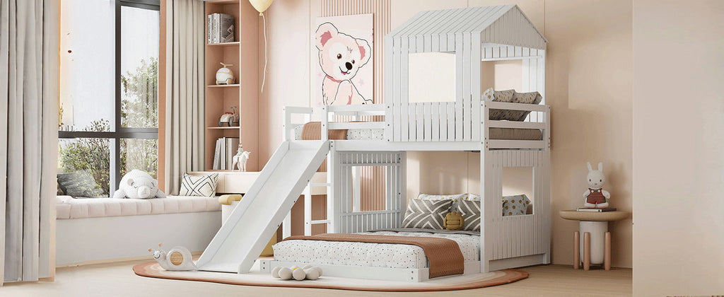 Loft Bunk Bed With Playhouse, Slide, and Guardrails - Twin Over Full