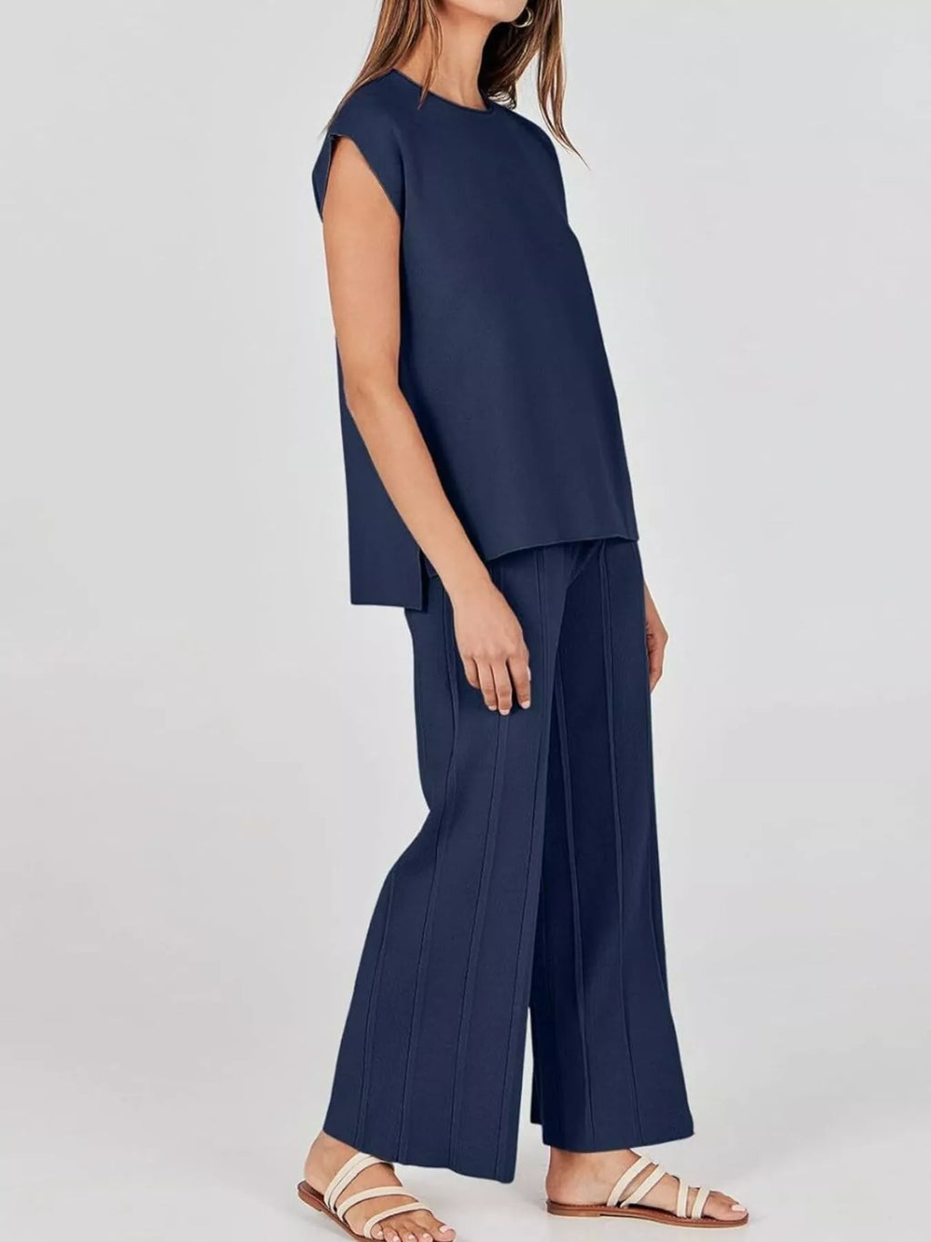 Casual Solid Color Cap Sleeve Top and Pants Knit Set