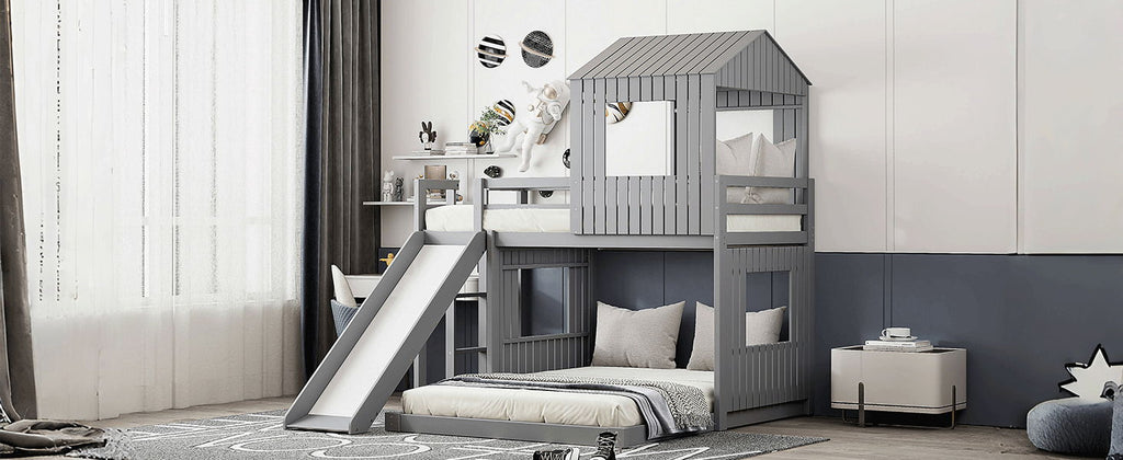 Loft Bunk Bed With Playhouse, Slide, and Guardrails - Twin Over Full