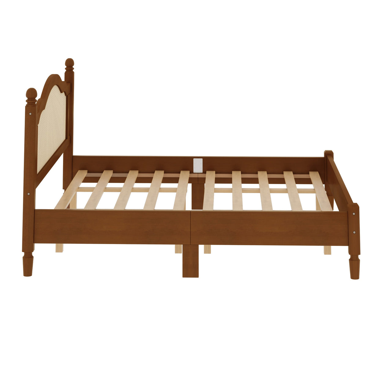 King Size Wooden Platform Bed with Rattan Headboard - Natural Wood