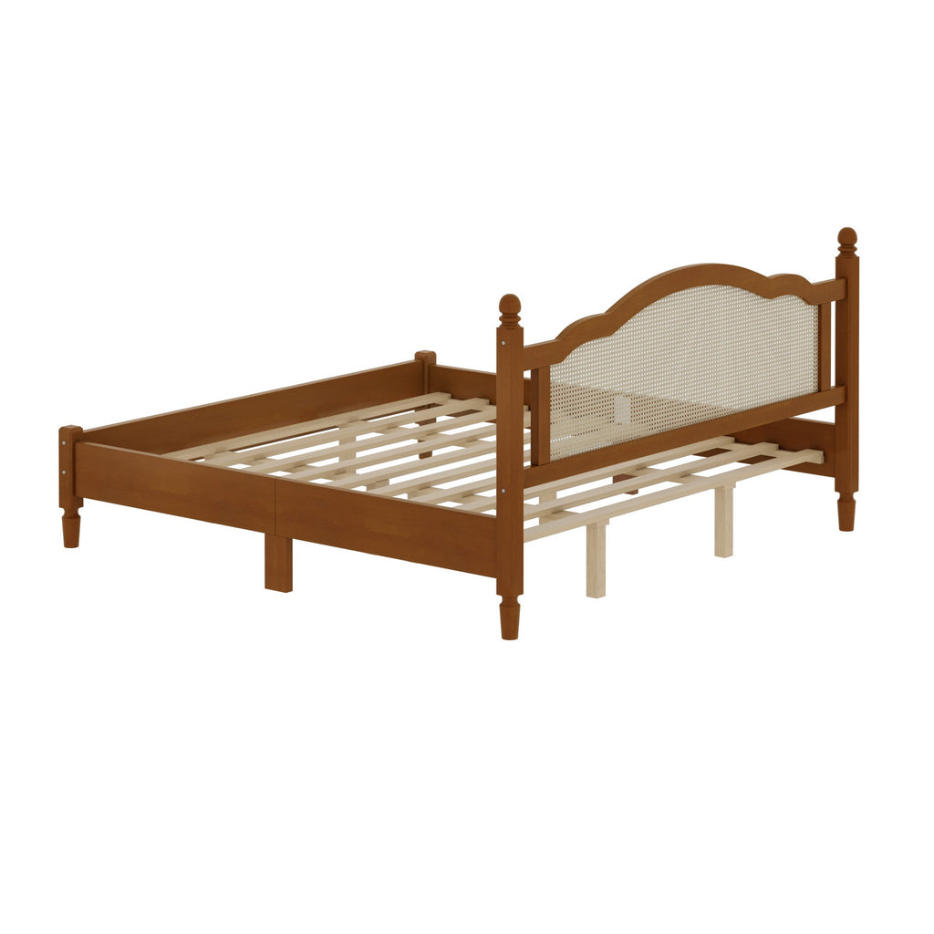 King Size Wooden Platform Bed with Rattan Headboard - Natural Wood