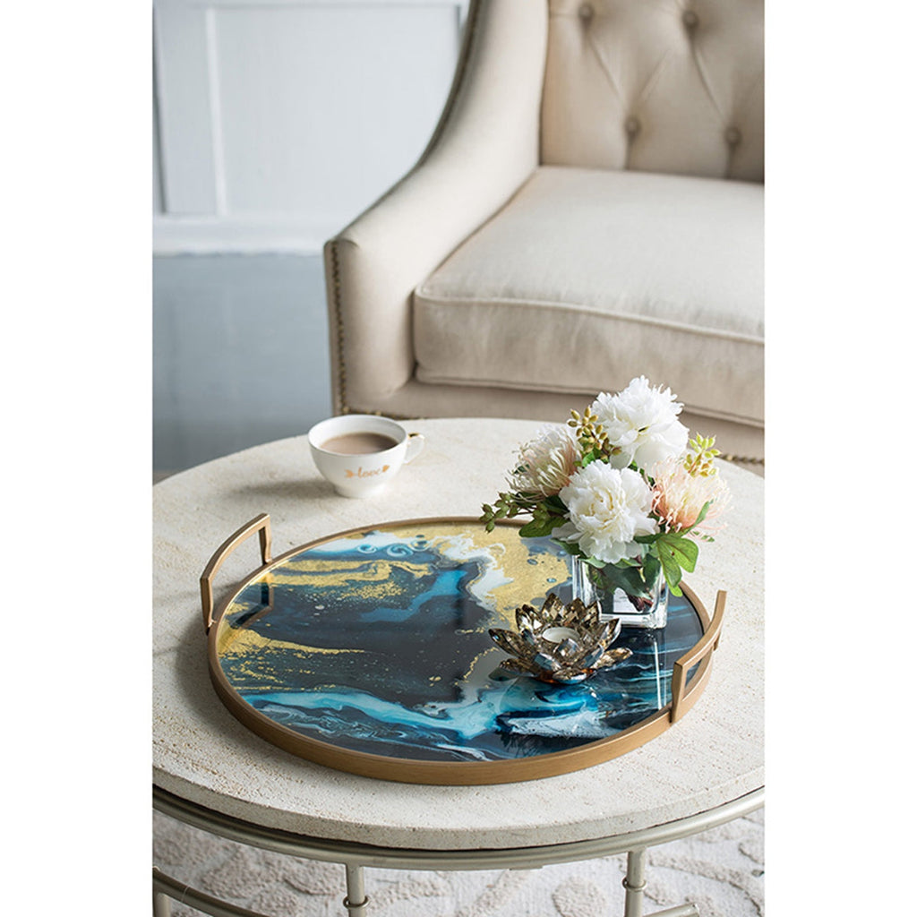 Round Accent Mirrored Tray with Handles - Blue & Gold