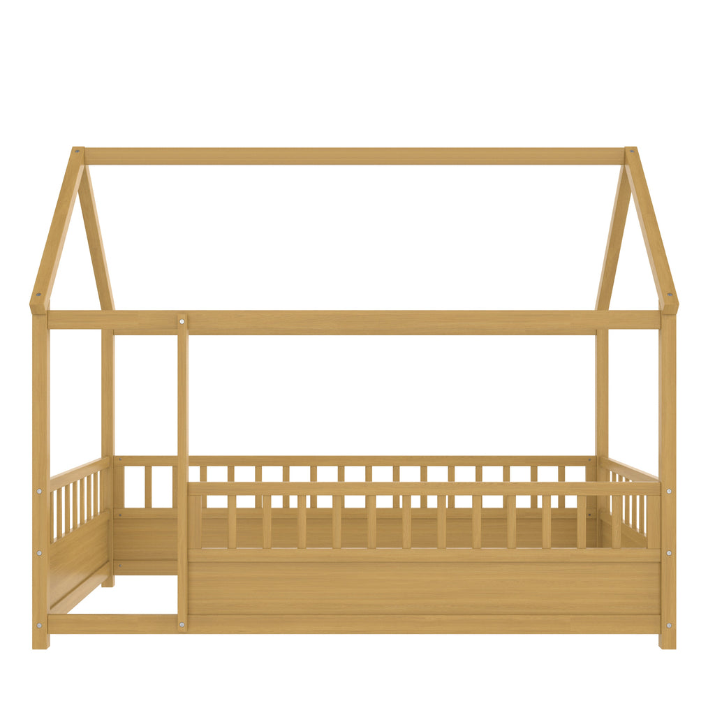 Twin Size Floor Wooden Bed with House Roof Frame - Pine