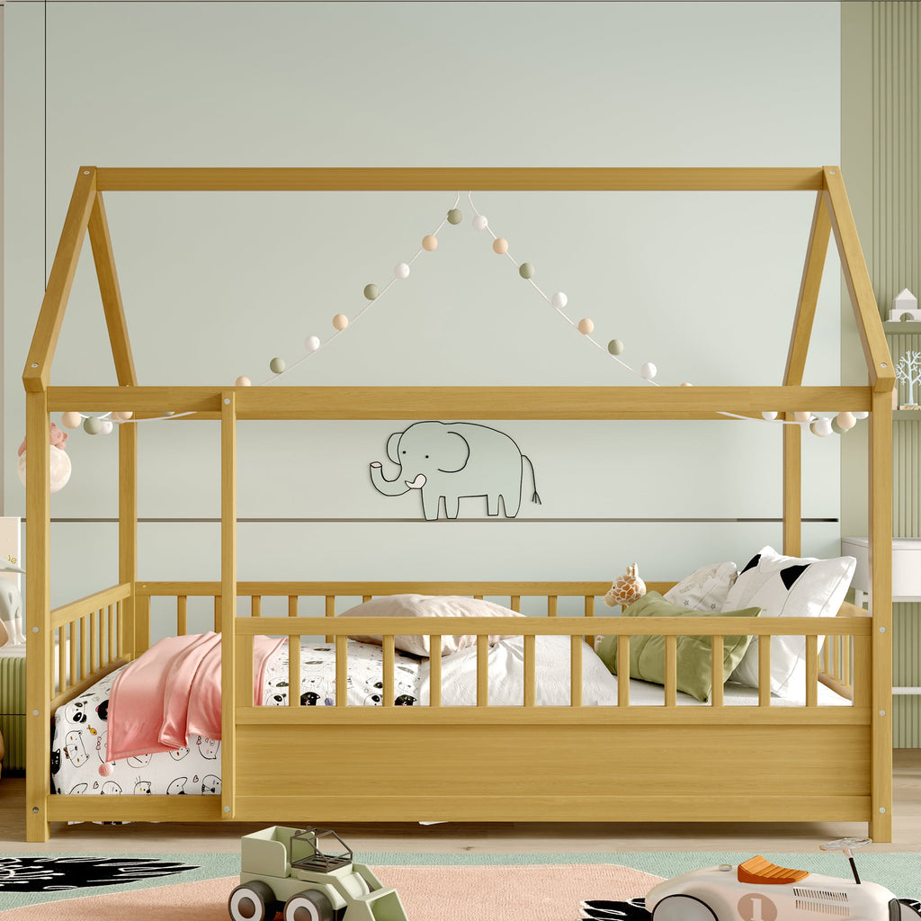 Twin Size Floor Wooden Bed with House Roof Frame - Pine