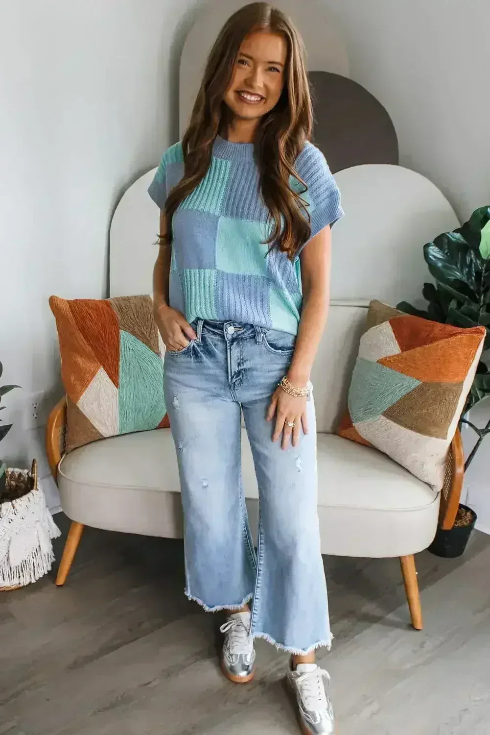 Blue Color Block Crew Neck Sweater Shirt