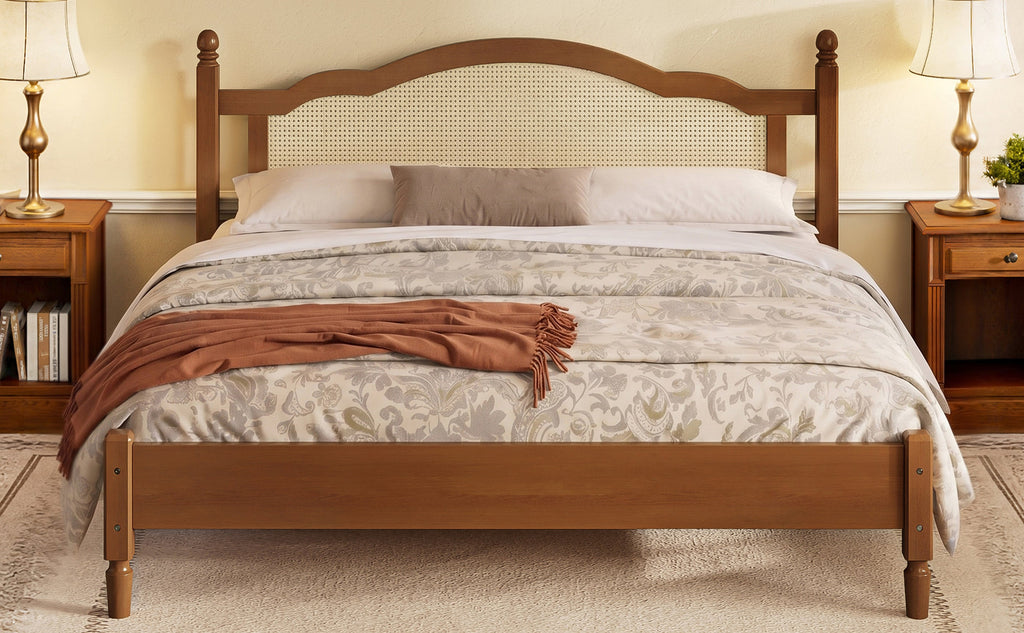 King Size Wooden Platform Bed with Rattan Headboard - Natural Wood