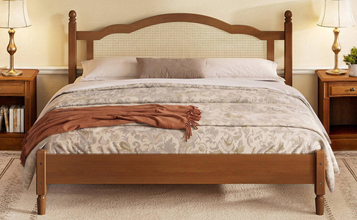 King Size Wooden Platform Bed with Rattan Headboard - Natural Wood