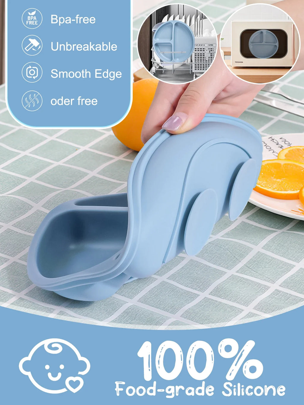 TYRY.HU 100% Silicone Baby Feeding Tray – Compartmentalized Meal Tray with Suction Cup for Secure Attachment to Table