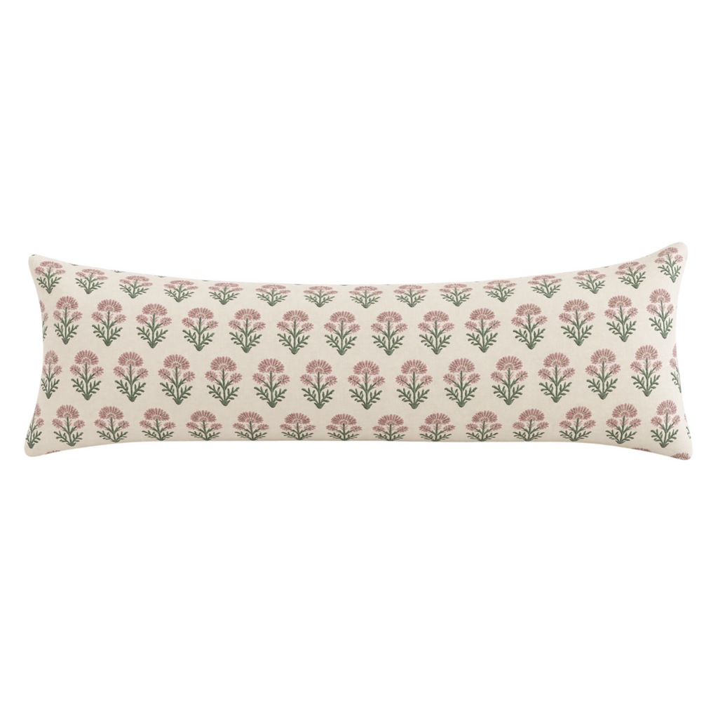 Delilah Block Print Pillow in Pink & Green - 14"x 36"