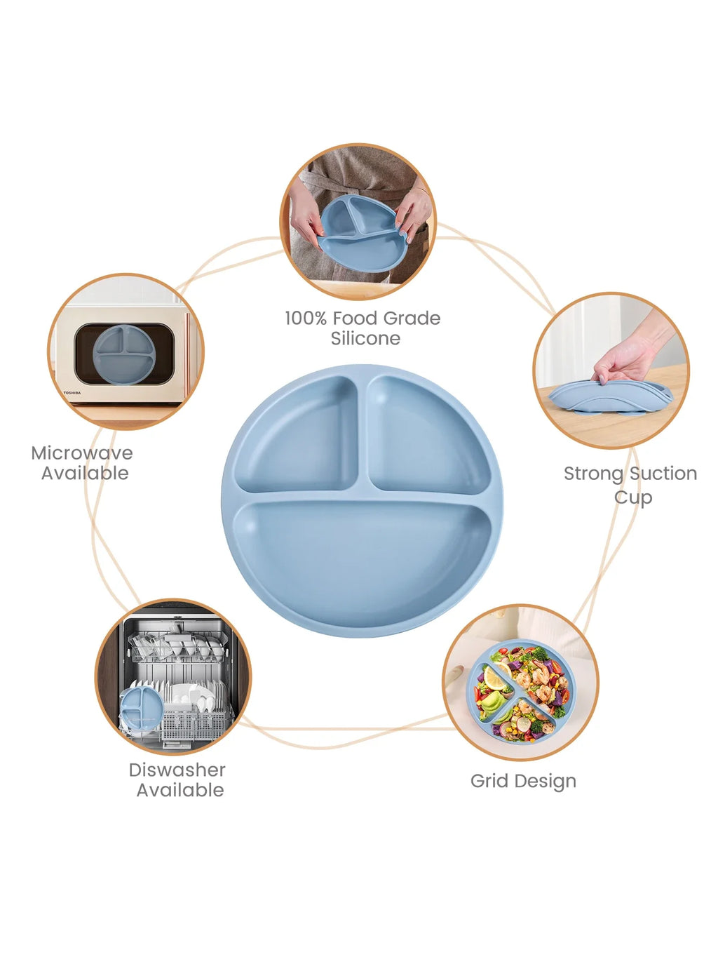 TYRY.HU 100% Silicone Baby Feeding Tray – Compartmentalized Meal Tray with Suction Cup for Secure Attachment to Table
