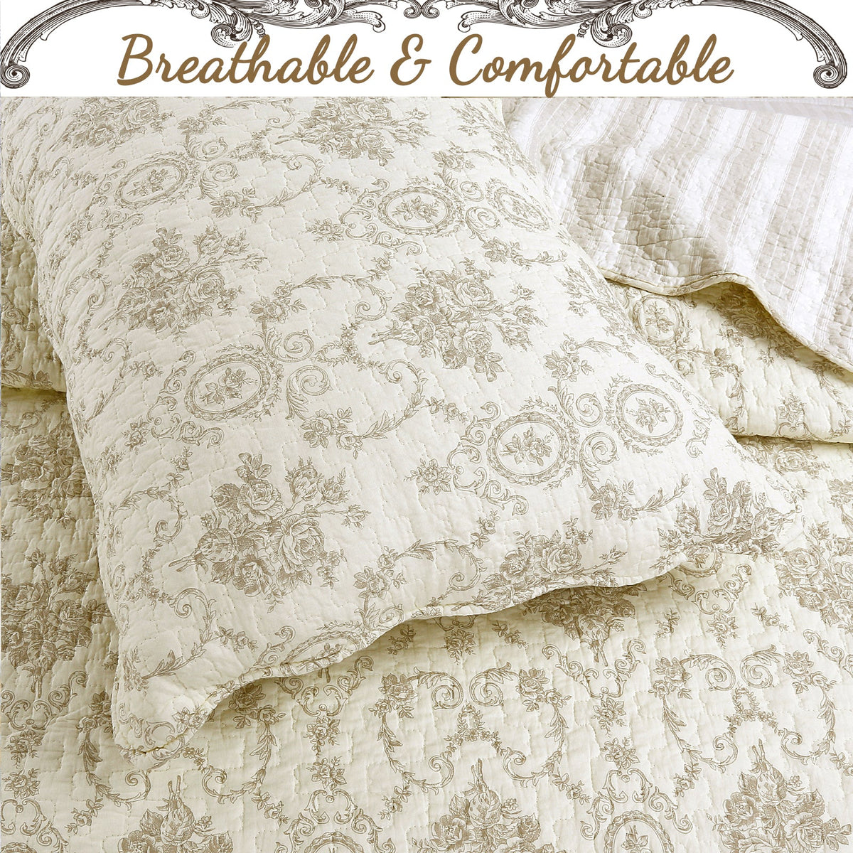 French Medallion Ivory Scalloped Edge Cotton 3-piece Reversible Quilt Bedding Set
