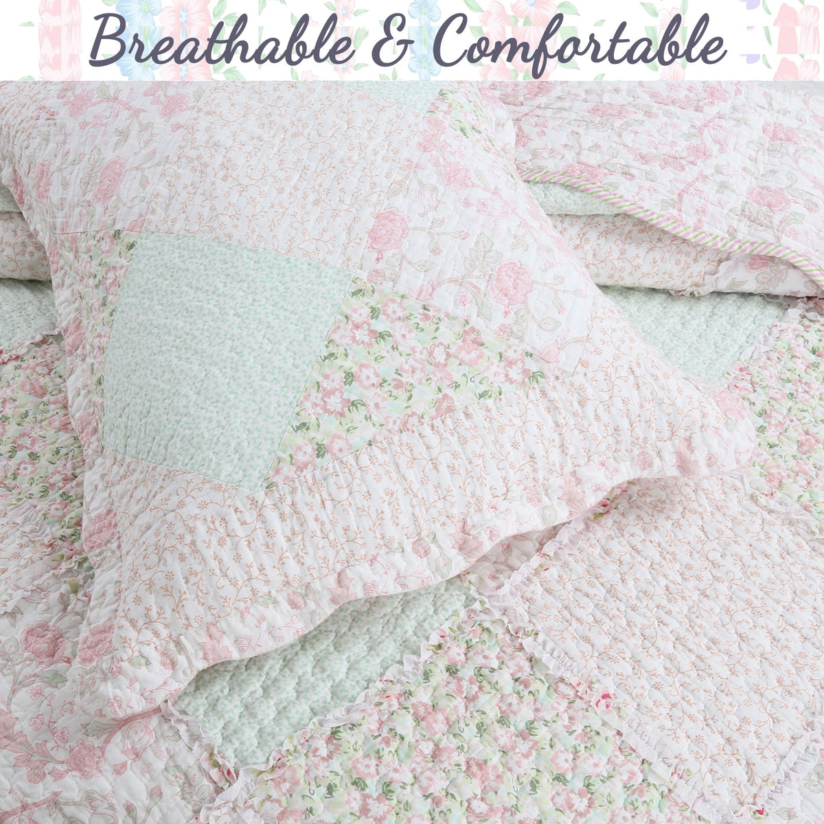 Banner Pink Floral Ruffle Real Patchwork Scalloped Edge Cotton Reversible Quilt Bedding Set