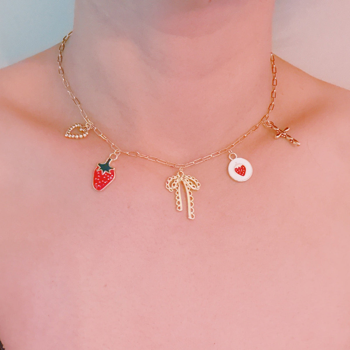 Berry Cute Charm Necklace – Strawberry, Bow & Heart
