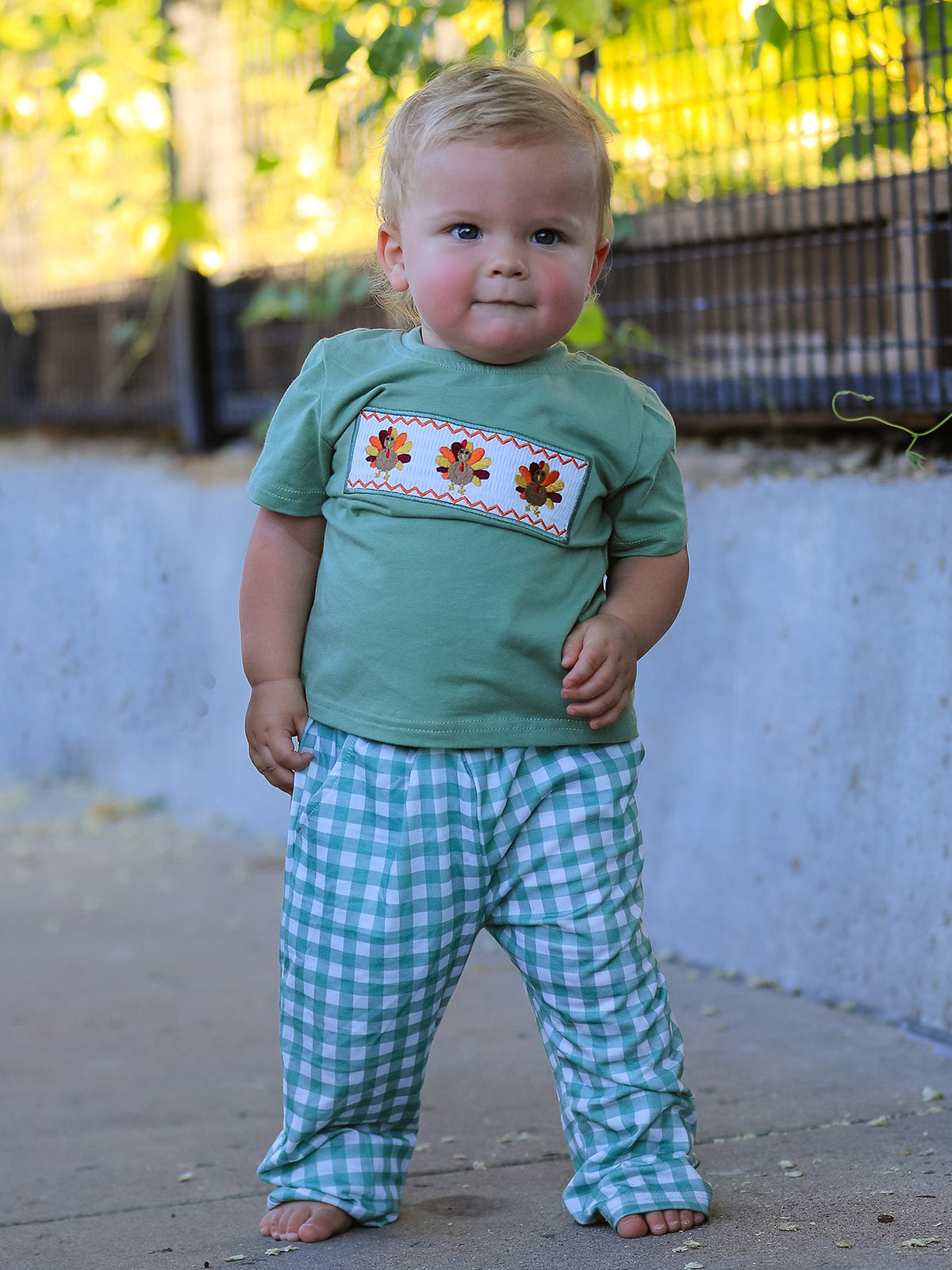 Fall Thanksgiving Turkey Smock Embroidered Green Plaid Boys Set