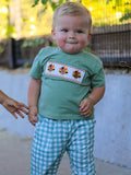 Fall Thanksgiving Turkey Smock Embroidered Green Plaid Boys Set