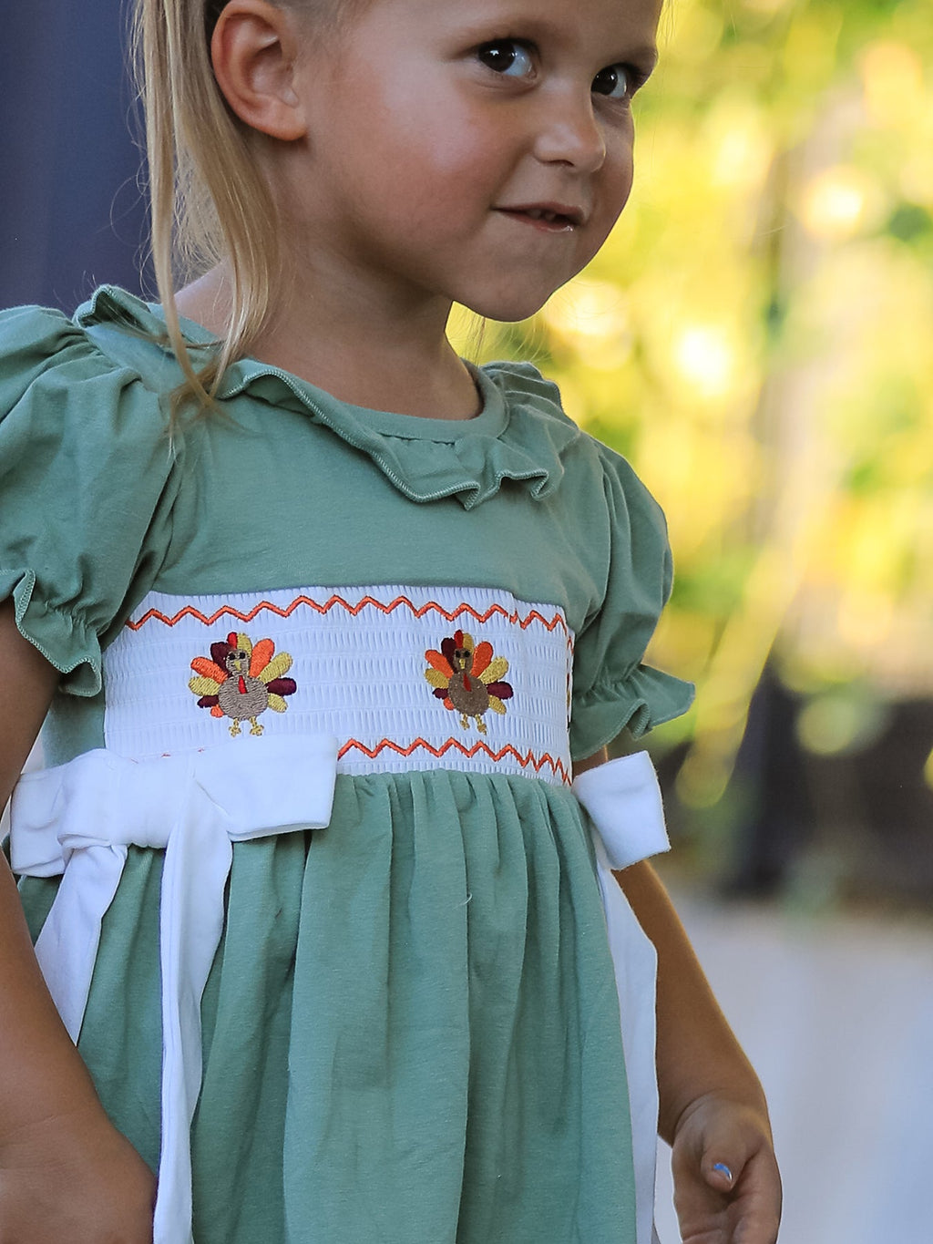 Fall Thanksgiving Turkey Smock Embroidered Green Plaid Boys Set