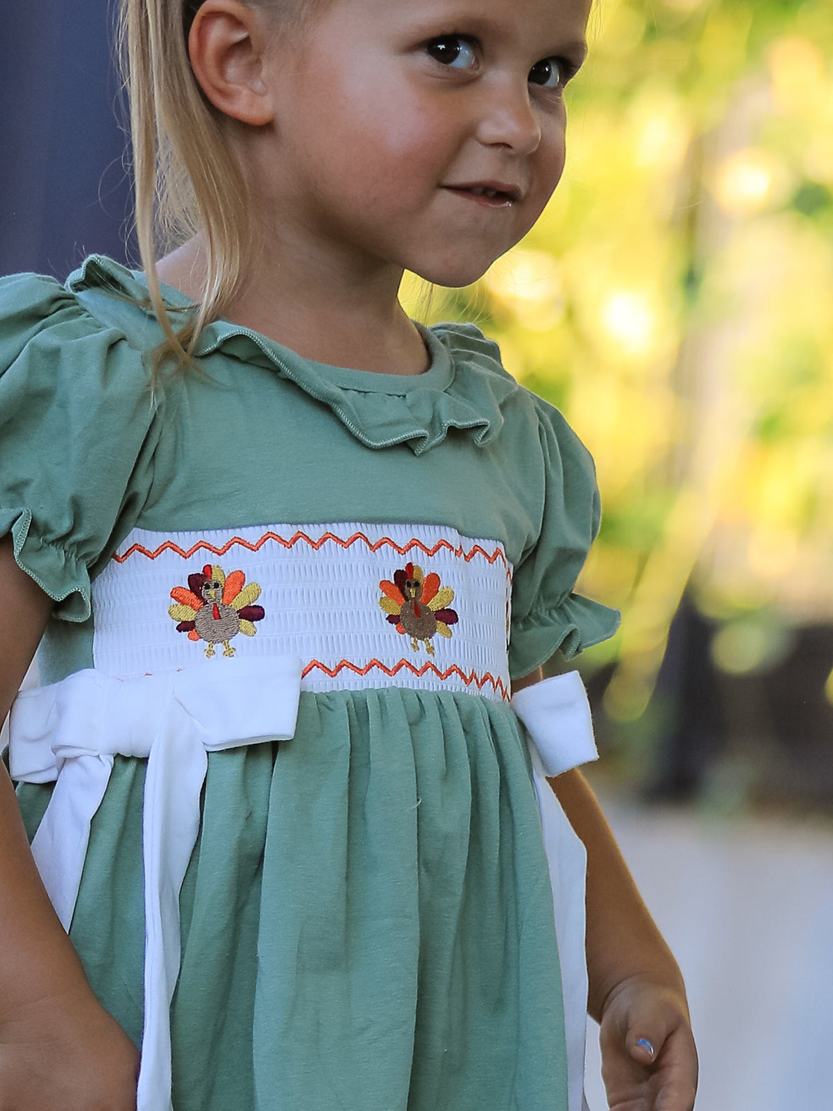 Fall Thanksgiving Turkey Smock Embroidered Green Plaid Boys Set