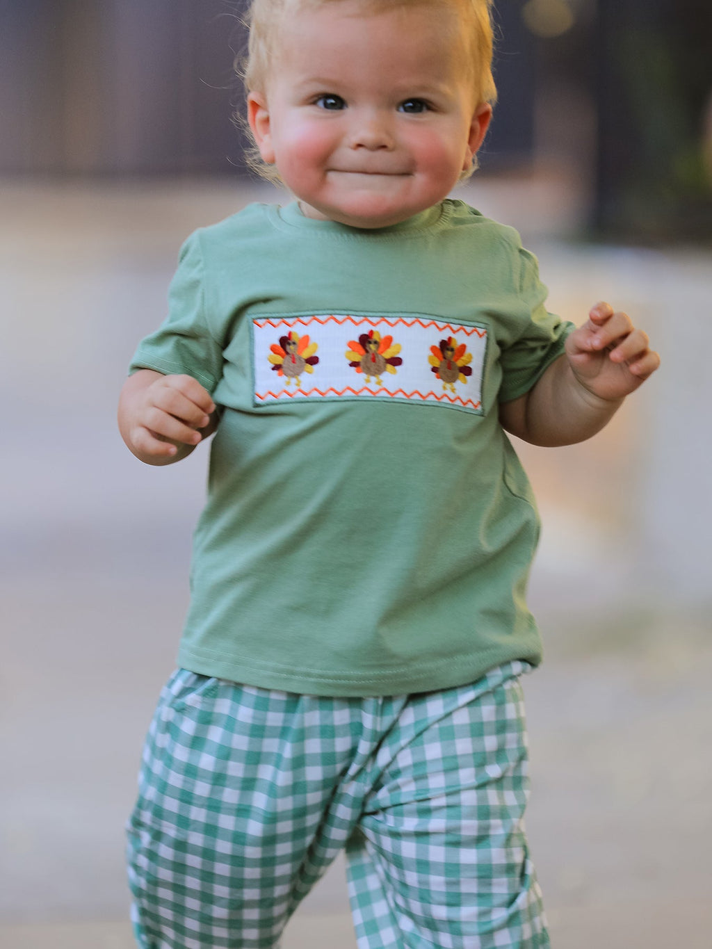 Fall Thanksgiving Turkey Smock Embroidered Green Plaid Boys Set