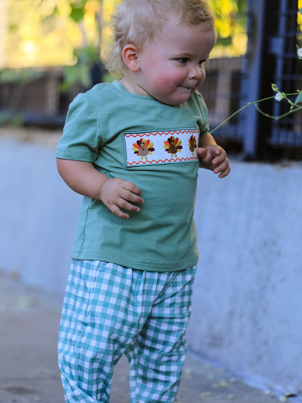 Fall Thanksgiving Turkey Smock Embroidered Green Plaid Boys Set