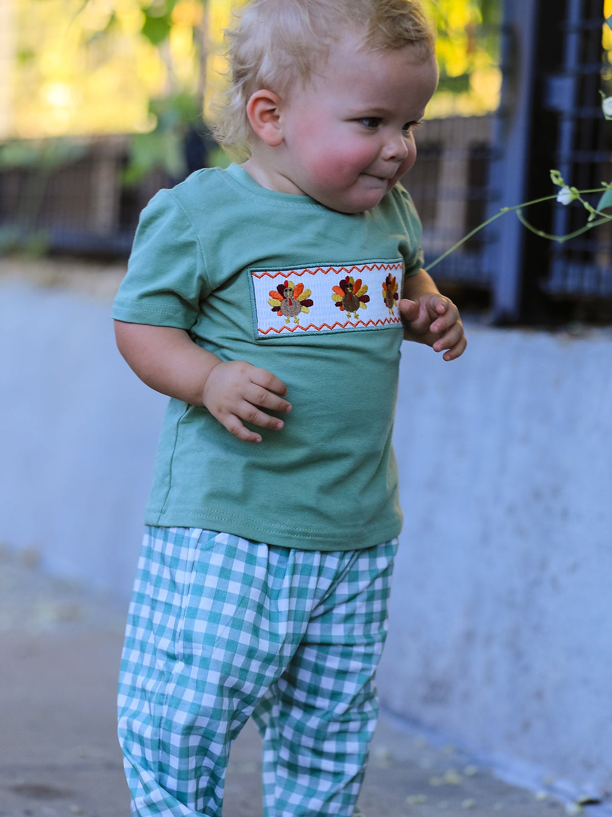 Fall Thanksgiving Turkey Smock Embroidered Green Plaid Boys Set