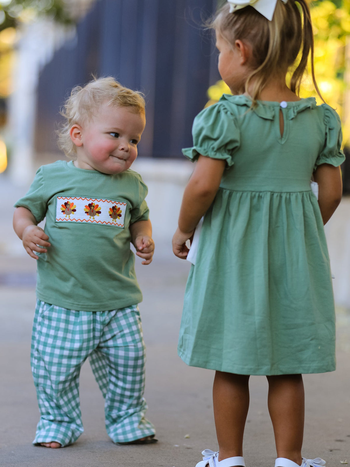 Fall Thanksgiving Turkey Smock Embroidered Green Plaid Boys Set