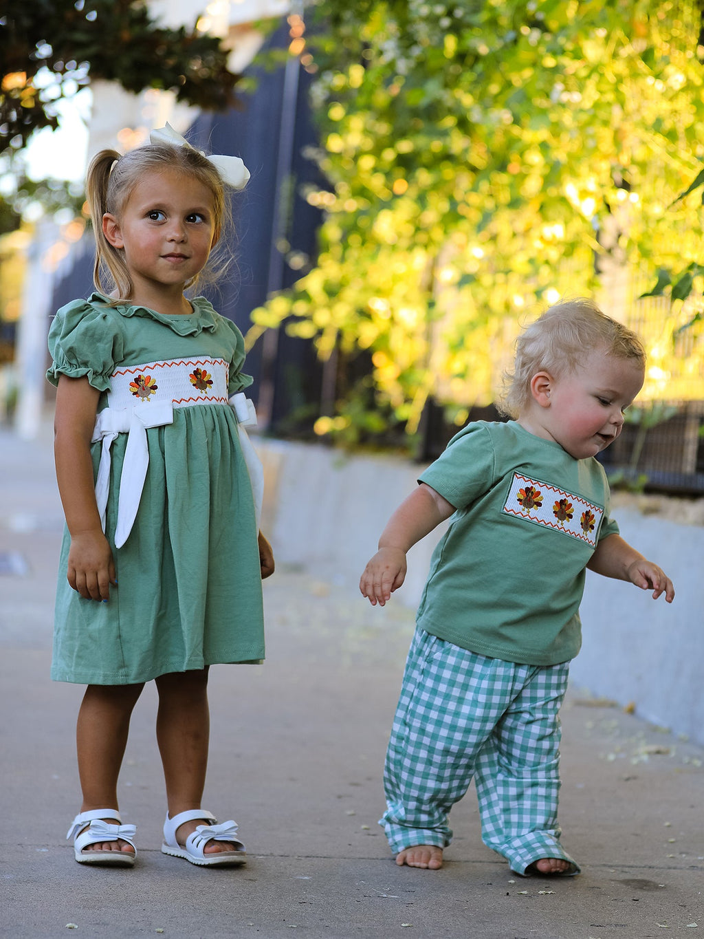 Fall Thanksgiving Turkey Smock Embroidered Green Plaid Boys Set