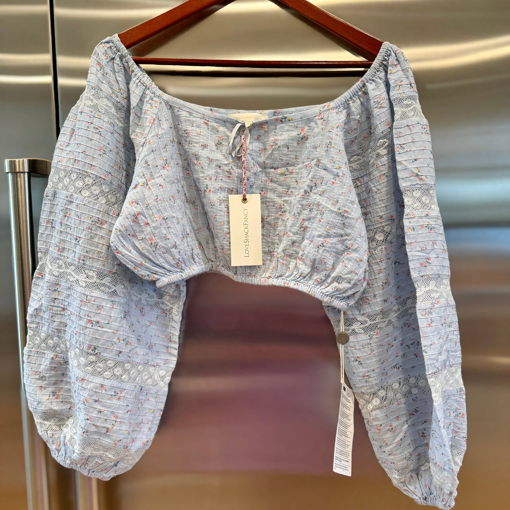 LoveShackFancy Albertina Cropped Top in Bella Blue Lace details brand new