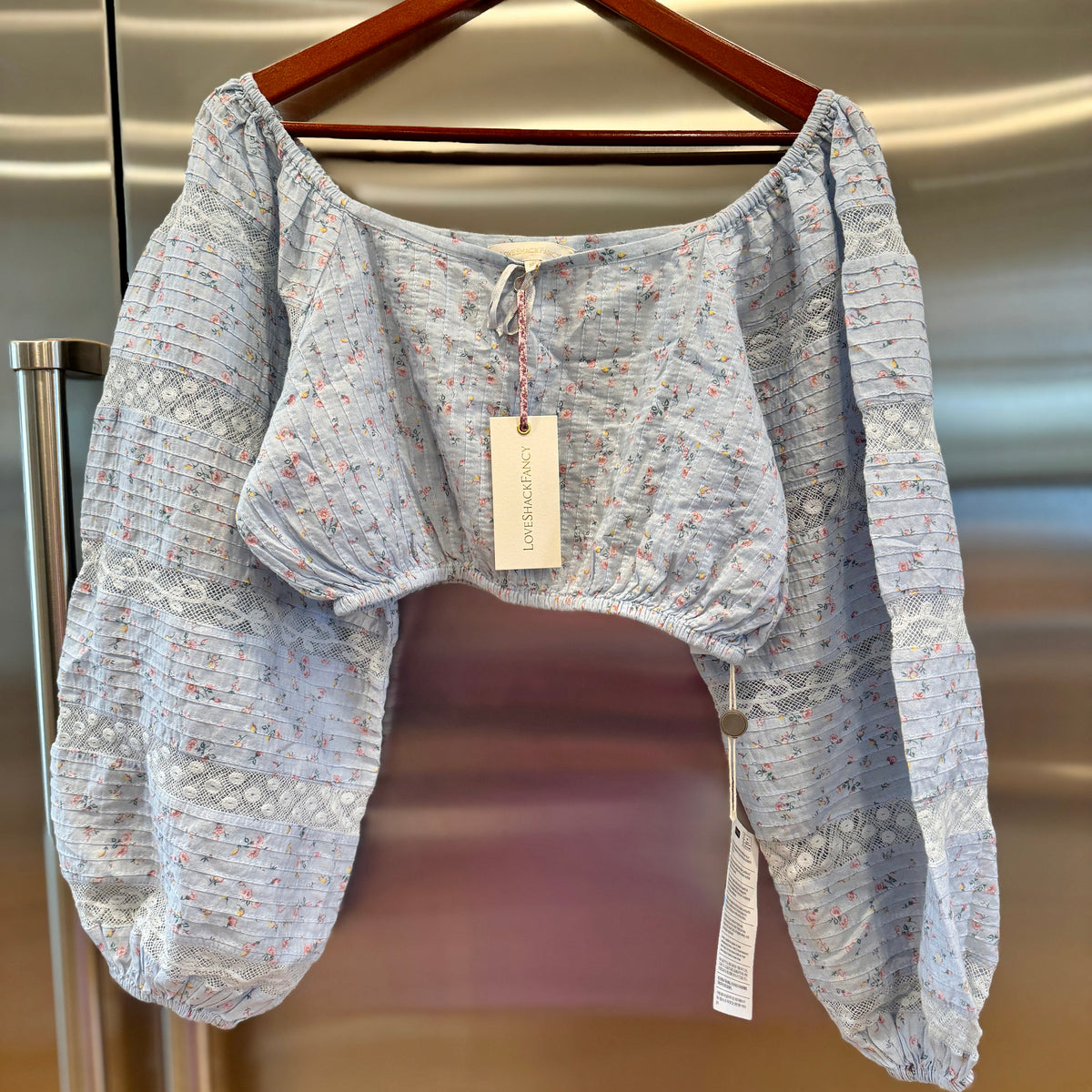 LoveShackFancy Albertina Cropped Top in Bella Blue Lace details brand new