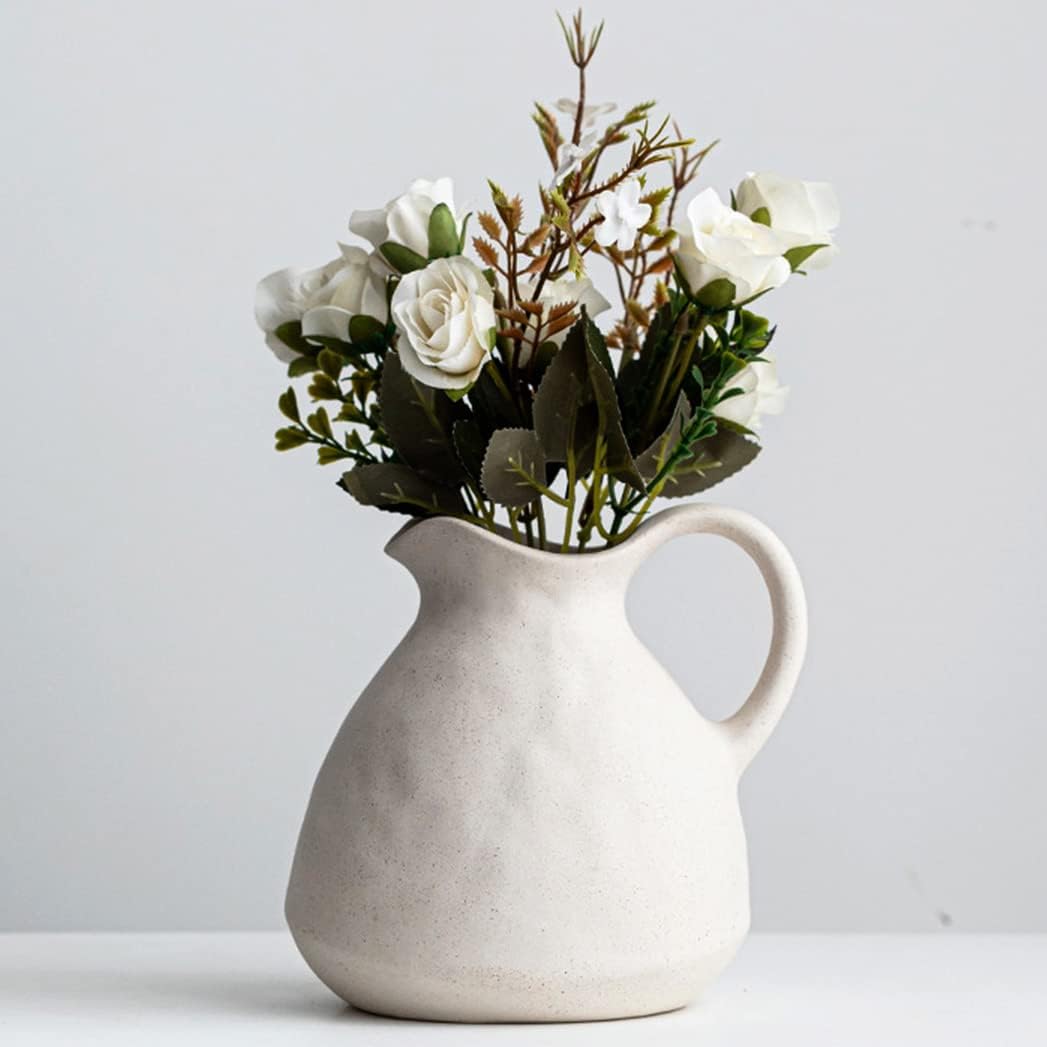 Ceramic White Pitcher Vase with Handle 6.5"