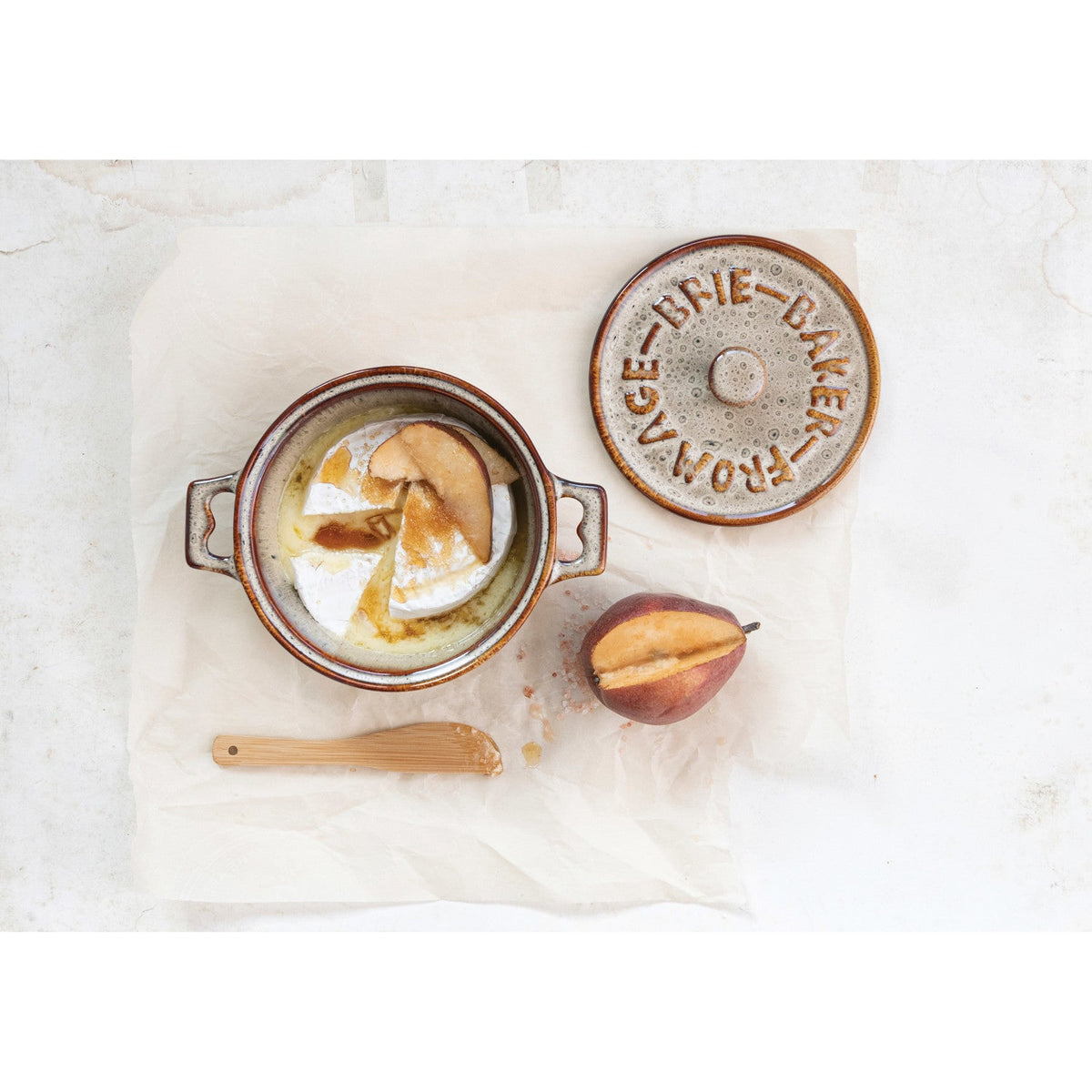 Ceramic Brie Baker with Bamboo Spreader