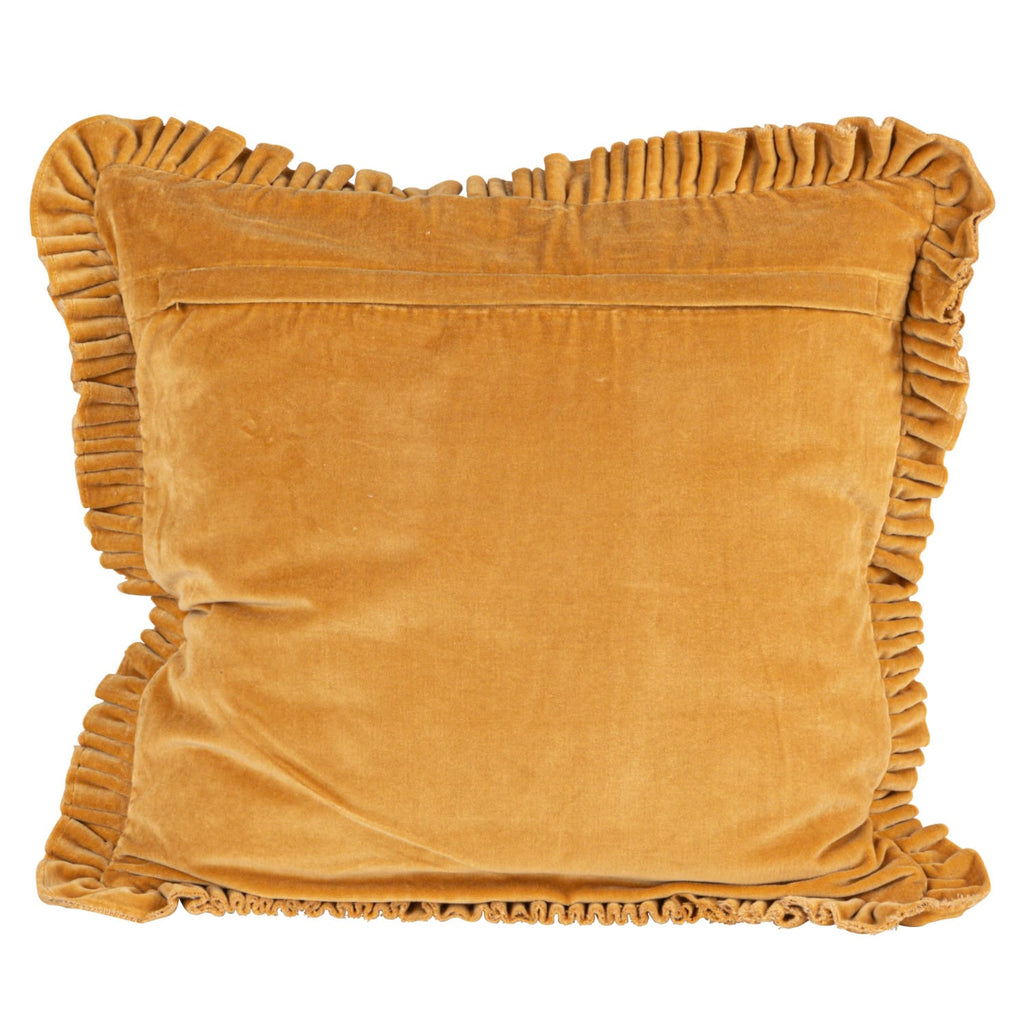 20" Square Cotton Velvet Pillow with Ruffled Trim, Mustard Color